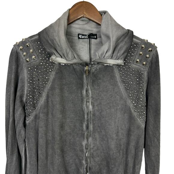 Vocal NWT Distressed Gray Studded Embellished Zip Up Long Duster Jacket - Picture 3 of 7